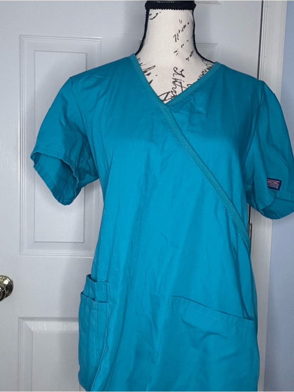 Cherokee Medium Teal Blue womens Workwear Core Stretch Mock Wrap Scrub Top